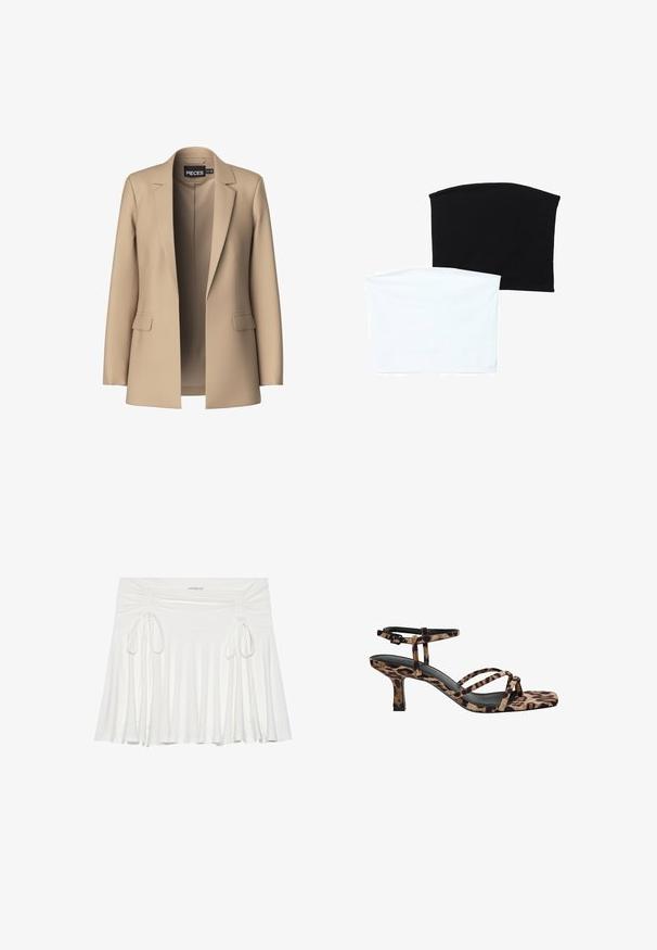 Beige blazer med snipperede klapper og to forlommer; lavet af glat stof, har den en åben front og en skræddersyet pasform.; Kaksi saumattomia putkilaineita: yksi musta ja yksi valkoinen. Molemmat on valmistettu pehmeästä, joustavasta kankaasta ja niissä on sileä rakenne ilman kuvioita.; Valkoinen levenevä hame pehmeästä kankaasta, jossa on kerättyjä sivuyksityiskohtia säädettävillä siteillä, luoden virtaavaa siluettia.; Naiskahva leopardikuosiset korkokengät, joissa on neliönmuotoinen kärki, useita remmejä ja keskipitkä korko. Valmistettu pehmeästä tekstiilimateriaalista.