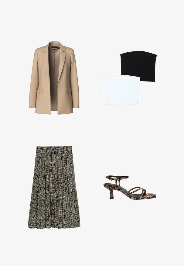 Blazer beige avec revers crantés et deux poches avant ; fabriqué en tissu doux, il a une ouverture à l'avant et une coupe ajustée.; Deux écharpes tubulaires sans couture : l'une noire et l'autre blanche. Les deux sont fabriquées en tissu doux et extensible, avec une texture lisse sans motifs.; TOM TAILOR Jupe longue - abstract black grid design; Sandales à talons imprimées léopard avec un bout carré, plusieurs brides et un talon de hauteur intermédiaire. Fabriquées en matériau textile doux.