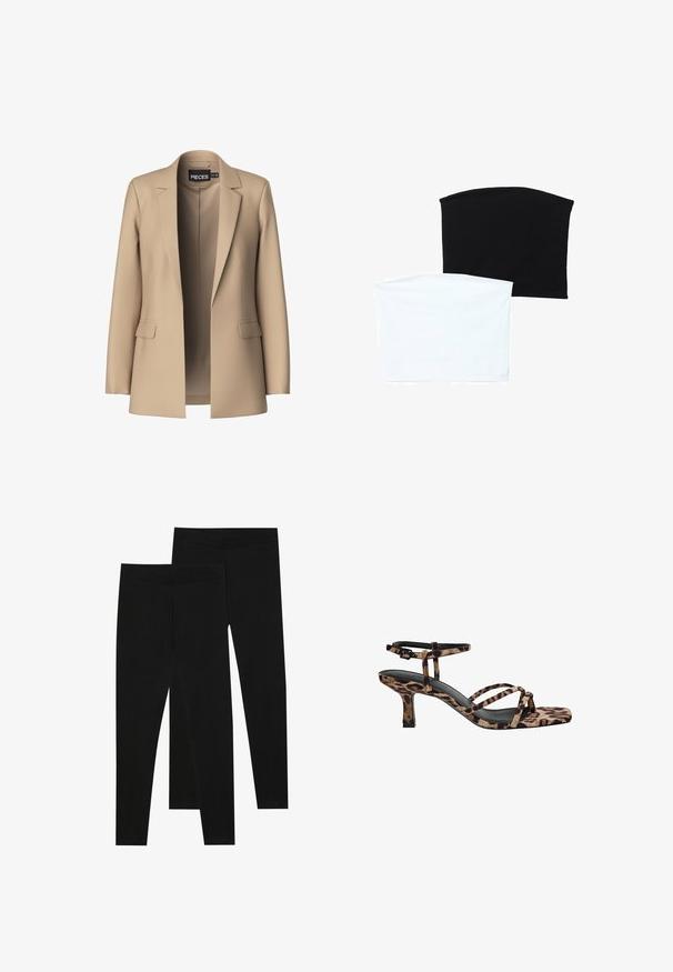 Beige Blazer mit Reverskragen und zwei Vordertaschen; aus glattem Stoff gefertigt, hat er eine offene Vorderseite und eine figurschmeichelnde Passform.; Zwei nahtlose Schlauchschals: einer schwarz und einer weiß. Beide bestehen aus weichem, dehnbarem Material und haben eine glatte Textur ohne Muster.; Schwarze Leggings aus dehnbarem Stoff, mit einem nahtlosen Bund und einer schmalen Passform, geeignet für Freizeit oder Sport.; Leopardenmuster Absatzsandalen mit Quadratzehen, mehreren Riemen und einem mittelhohen Absatz. Hergestellt aus weichem Textilmaterial.