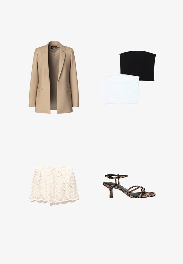 Beige kavaj med snedställda slag och två framfickor; tillverkad av mjukt tyg har den en öppen fram och en skräddarsydd passform.; Två sömlösa tubhalsdukar: en svart och en vit. Båda är gjorda av mjukt, elastiskt material och har en slät yta utan mönster.; Vita virkade shorts med en vågig nederkant, med en texturerad, öppen stickning och ett snör liv för justerbar passform.; Sandaler med klack i leopardmönster och fyrkantig tå, flera remmar och medelhög klack. Tillverkade av mjukt textilmaterial.