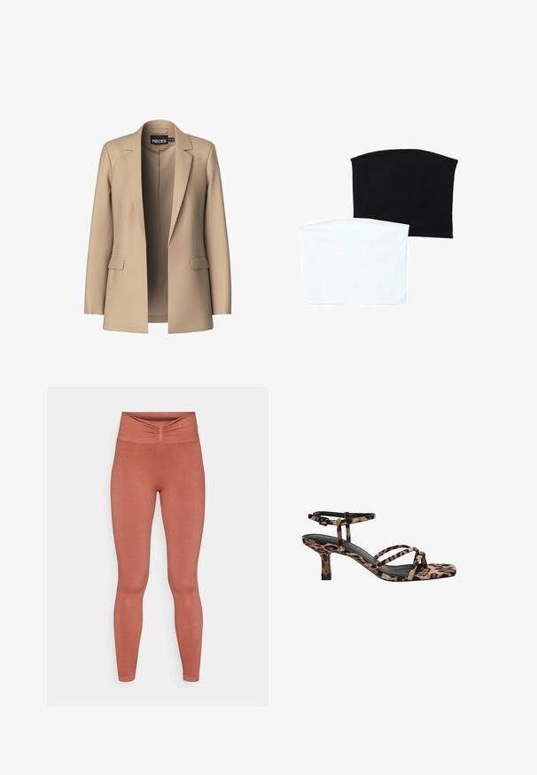 Bež blazer z obloženimi reverji in dvema sprednjima žepoma; izdelan iz gladkega materiala, ima odprto sprednjo stran in prilegajoč kroj.; Dve brezšivne cevi šali: ena črna in ena bela. Obe sta izdelani iz mehkega, raztegljivega materiala in imata gladko teksturo brez vzorcev.; Leggingi v rjavi barvi z oblikovanim dizajnom, visokim pasom in nabrano podrobnostjo na sprednji strani. Narejeni so iz raztegljive tkanine.; Sandal s petto s kvadratnim vrhom, več trak in srednje visoko peto v leopardjem vzorcu. Narejeni iz mehkega tekstilnega materiala.