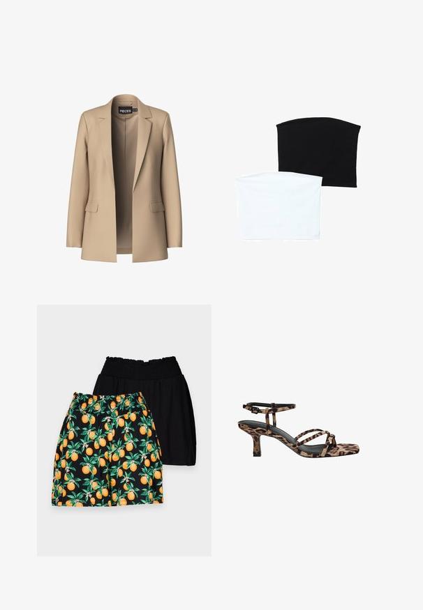 Beige blazer med spidse klapper og to forlommer; lavet af glat stof, har den en åben front og en skræddersyet pasform.; To sømløse rørhalseklæder: en sort og en hvid. Begge er lavet af blødt, strækbart stof og har en glat tekstur uden mønstre.; Sorte og mønstrede shorts; sort par med en glat tekstur, orange mønstret par med grønne blade og lyse orange frugter.; Sandaler med hæl i leopardmønster og firkantet tå, med flere stropper og en mellemhøj hæl. Fremstillet af blødt tekstilmateriale.