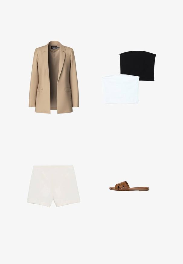 Beżowa marynarka z klapami i dwoma przednimi kieszeniami; wykonana z gładkiego materiału, ma otwarty przód i dopasowany krój.; Dwa bezszwowe szaliki w tubie: jeden czarny, a drugi biały. Oba wykonane są z miękkiego, elastycznego materiału i mają gładką fakturę bez wzorów.; Białe, dopasowane szorty o prostym przodzie, gładkiej fakturze i prostym kroju. Brak widocznych elementów metalowych lub wzorów. Prosty, minimalistyczny design.; Brązowe skórzane klapki z krzyżującymi się paskami, płaską podeszwą i gładką fakturą. Prosty design bez ozdób czy wzorów.