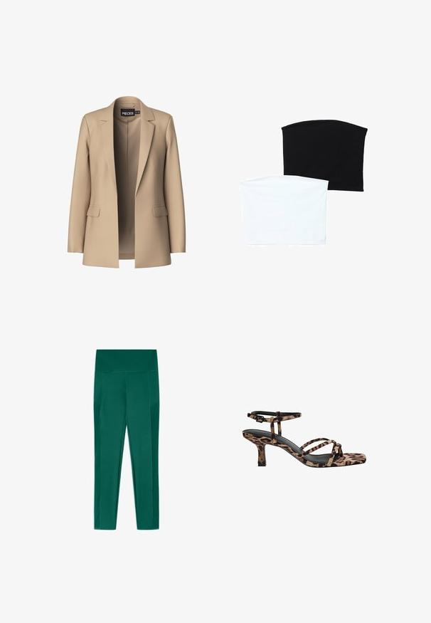 Bež sako s uspravnim reverima i dvije prednje džepove; izrađeno od glatkog materijala, ima otvoren prednji dio i kroj koji se prilagođava tijelu.; Dvije bešavne cijevi šalovi: jedan crni i jedan bijeli. Obojica su izrađena od mekog, rastezljivog materijala i imaju glatku teksturu bez uzoraka.; Zelene tajice izrađene od rastezljivog materijala, s visokim strukom i bočnim džepovima, glatke teksture i prilagođenog dizajna.; Sandal na visokoj peti s leopard uzorkom, kvadratnim vrhom, višestrukim trakama i srednjom petom. Napravljen od mekanog tekstilnog materijala.