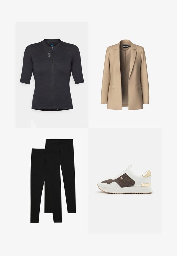 Beige zakó, élénk hajtókával és két elülső zsebbel; sima anyagból készült, nyitott elülső résszel és testhezálló szabással.; Rövid ujjú fekete sportpóló, textúrált anyagból; elülső cipzárral és kerek nyakkivágással rendelkezik, diszkrét logó részlettel.; Fekete leggings rugalmas anyagból, varrat nélküli derékkal és karcsú szabással, alkalmas hétköznapi viseletre vagy edzésre.; Fehér sportcipők barna mintás szövetpanellel, arany Hardver díszítéssel, kerek orral, fűzős kialakítással és texturált gumitalppal.