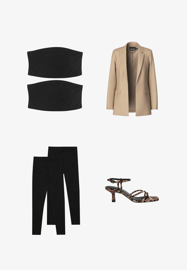 Beige Blazer mit Reverskragen und zwei Vordertaschen; aus glattem Stoff gefertigt, hat er eine offene Vorderseite und eine figurschmeichelnde Passform.; Zwei schwarze Stoffhaarbänder mit einer nahtlosen, glatten Textur und geschwungener Form, geeignet für verschiedene Frisuren und Aktivitäten.; Schwarze Leggings aus dehnbarem Stoff, mit einem nahtlosen Bund und einer schmalen Passform, geeignet für Freizeit oder Sport.; Leopardenmuster Absatzsandalen mit Quadratzehen, mehreren Riemen und einem mittelhohen Absatz. Hergestellt aus weichem Textilmaterial.