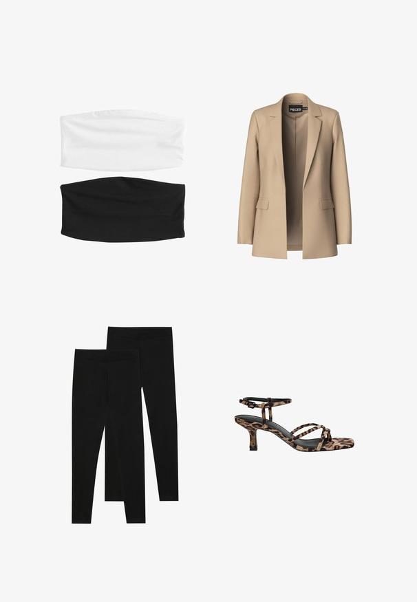 Beige blazer med snipperede klapper og to forlommer; lavet af glat stof, har den en åben front og en skræddersyet pasform.; Kaksi joustavaa hiuspantaa: yksi valkoinen ja yksi musta. Molemmat on valmistettu pehmeästä, joustavasta kankaasta, jossa on sileä pinta ja saumaton muotoilu.; Mustat legginssit, jotka on valmistettu joustavasta kankaasta, joissa on saumaton vyötärö ja kapea malli, sopivat arkikäyttöön tai liikuntaan.; Naiskahva leopardikuosiset korkokengät, joissa on neliönmuotoinen kärki, useita remmejä ja keskipitkä korko. Valmistettu pehmeästä tekstiilimateriaalista.