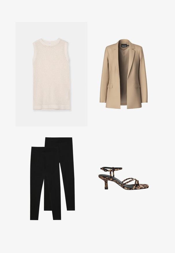 Beige Blazer mit Reverskragen und zwei Vordertaschen; aus glattem Stoff gefertigt, hat er eine offene Vorderseite und eine figurschmeichelnde Passform.; Ärmelloses Stricktop in hellem Creme mit einem Netzmuster sowie geripptem Ausschnitt und Saum. Die weiche Textur verbessert die Atmungsaktivität und den Komfort.; Schwarze Leggings aus dehnbarem Stoff, mit einem nahtlosen Bund und einer schmalen Passform, geeignet für Freizeit oder Sport.; Leopardenmuster Absatzsandalen mit Quadratzehen, mehreren Riemen und einem mittelhohen Absatz. Hergestellt aus weichem Textilmaterial.