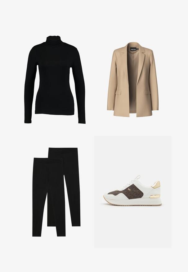 Bež blazer z obloženimi reverji in dvema sprednjima žepoma; izdelan iz gladkega materiala, ima odprto sprednjo stran in prilegajoč kroj.; Črn dolgi rokavi turtleneck top iz gladkega materiala, s prilagojeno zasnovo in visokim ovratnikom, primeren za plastenje ali nošenje samostojno.; Črne legice iz raztegljive tkanine, z brezšivnim pasom in oprijetim krojem, primerne za prosti čas ali vadbo.; Beli športni copati s panelom iz rjave tkanine z vzorcem, z zlatimi dodatki, okroglo konico, vezalnim dizajnom in teksturiranem gumijastem podplatu.