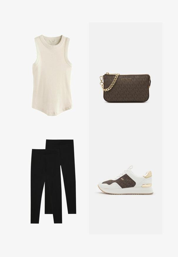 Blazer bej cu rever tăiat și două buzunare frontale; fabricat dintr-un material neted, are un front deschis și o croială ajustată.; Next RACER STANDARD - Top - oatmeal; Leggings negre dintr-un material elastic, cu o talie fără cusături și un design slim fit, potrivite pentru îmbrăcăminte casual sau exerciții fizice.; Adidași albi cu panou din țesătură cu model maro, accente din hardware aurie, vârf rotund, design cu șireturi și talpă din cauciuc texturat.; Geantă de umăr din piele maro, cu model logo, curea cu lanț aurit, închidere cu fermoar și accente aurii. Formă compactă și rectangulară.