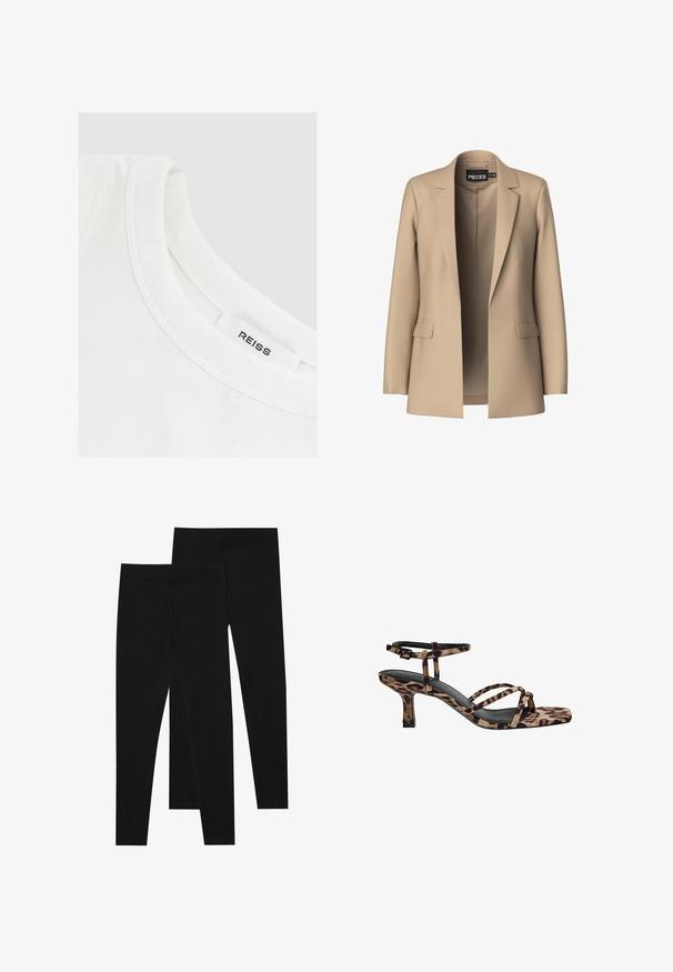 Beige Blazer mit Reverskragen und zwei Vordertaschen; aus glattem Stoff gefertigt, hat er eine offene Vorderseite und eine figurschmeichelnde Passform.; Weißes Baumwoll-T-Shirt mit rundem Ausschnitt und genähten Details; Etikett lautet "REISS." Glatte Textur, schlichtes Design.; Schwarze Leggings aus dehnbarem Stoff, mit einem nahtlosen Bund und einer schmalen Passform, geeignet für Freizeit oder Sport.; Leopardenmuster Absatzsandalen mit Quadratzehen, mehreren Riemen und einem mittelhohen Absatz. Hergestellt aus weichem Textilmaterial.