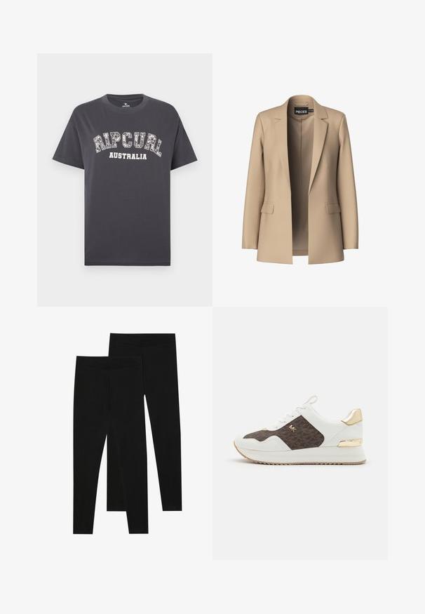 Beige blazer med spidse klapper og to forlommer; lavet af glat stof, har den en åben front og en skræddersyet pasform.; Mørkegrå bomuld T-shirt med korte ærmer, med et hvidt trykt logo "RIPCURL AUSTRALIA" i en fed, buet stil.; Sorte leggings lavet af strækbart stof med en sømløs talje og en slim fit design, velegnet til afslappet brug eller træning.; Hvide sneakers med brunt mønstret stofpanel, guld hardwaredetaljer, rund tå, snørebåndsdesign og tekstureret gummisål.