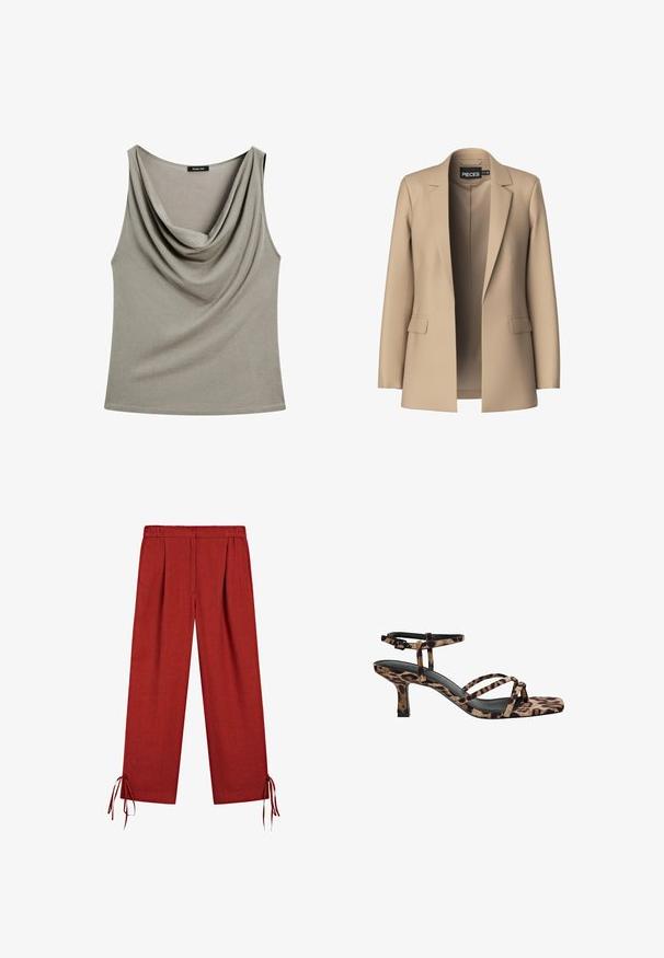 Beige blazer with notched lapels and two front pockets; made of smooth fabric, it has an open front and a tailored fit.; Cowl-neck sleeveless top in soft, muted gray fabric with a relaxed fit, featuring a smooth texture and no visible hardware.; Red wide-leg pants with elastic waistband and drawstring ties at the hems, made of lightweight fabric.; Leopard print heeled sandals with a square toe, multiple straps, and a mid-height heel. Crafted from soft textile material.