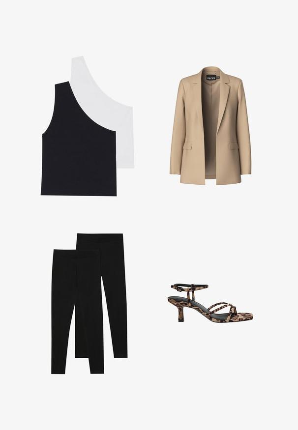 Beige zakó, élénk hajtókával és két elülső zsebbel; sima anyagból készült, nyitott elülső résszel és testhezálló szabással.; Fekete-fehér bordázott ujjatlan felsők aszimmetrikus nyakkivágással; puha pamut keverék anyag; testhez simuló fazon; látható fémrész vagy minta nélkül.; Fekete leggings rugalmas anyagból, varrat nélküli derékkal és karcsú szabással, alkalmas hétköznapi viseletre vagy edzésre.; Leopárdmintás, négyzetes orrú magassarkú szandál, több pánttal és közepes magasságú sarkával. Puha textilből készült.