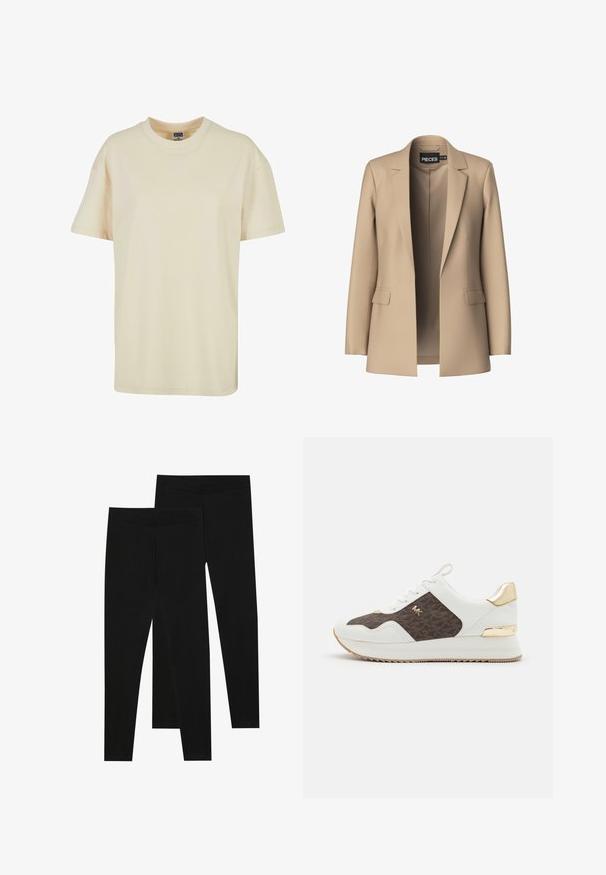 Beige bleiser koos soontega kraega ja kahe esikotiga; valmistatud siledast kangast, avatud ees ja kohandatud lõikega.; Kreemivärvi ümar kaelusega T-särk, mis on valmistatud pehmest puuvillast. Omab lühikesi varrukaid ja lõdva istuvust, ilma nähtavate mustrite või aksessuaarideta.; Mustad mustad, mis on valmistatud venivast kangast, omavad sujuvat vööd ja kitsast lõiget, sobivad igapäevaseks kandmiseks või treenimiseks.; Valged tossud, millel on pruuni mustriga kangast paneel, kuldsed aksessuaarid, ümmargune varvas, nööbiga disain ja tekstureeritud kummist tallad.