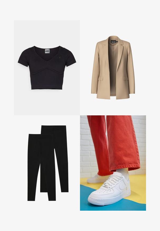 Blazer bej cu rever tăiat și două buzunare frontale; fabricat dintr-un material neted, are un front deschis și o croială ajustată.; Top scurt negru cu nervuri, cu mâneci scurte, decolteu în V și detaliu cu cusătură curbată. Prezintă un mic logo triunghiular pe umărul stâng.; Leggings negre dintr-un material elastic, cu o talie fără cusături și un design slim fit, potrivite pentru îmbrăcăminte casual sau exerciții fizice.; Tenis alb din piele cu fanta pe vârful piciorului, talpă texturată și șireturi albe, purtat cu pantaloni larga roșii și un fundal albastru și galben.