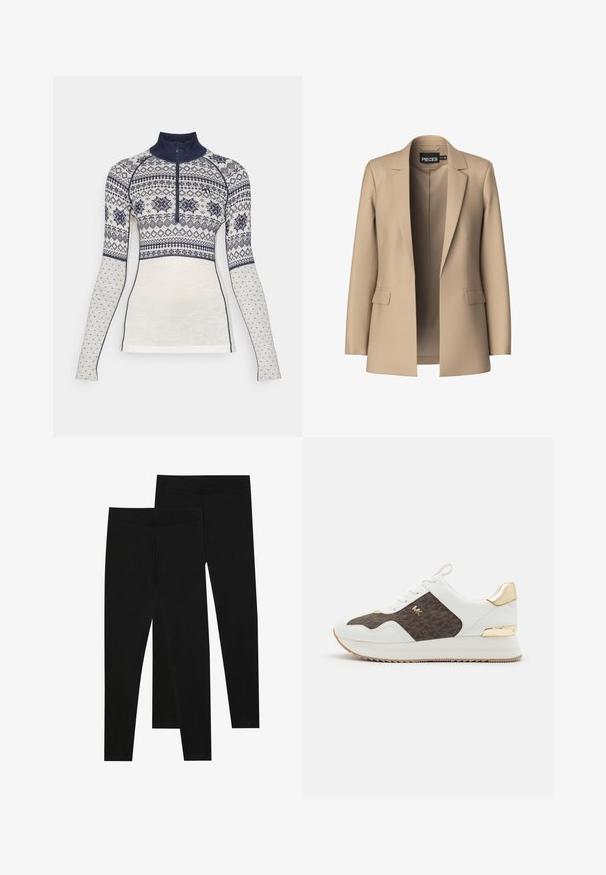 Bež blazer z obloženimi reverji in dvema sprednjima žepoma; izdelan iz gladkega materiala, ima odprto sprednjo stran in prilegajoč kroj.; Kari Traa VILMA - Pulover - off white; Črne legice iz raztegljive tkanine, z brezšivnim pasom in oprijetim krojem, primerne za prosti čas ali vadbo.; Beli športni copati s panelom iz rjave tkanine z vzorcem, z zlatimi dodatki, okroglo konico, vezalnim dizajnom in teksturiranem gumijastem podplatu.