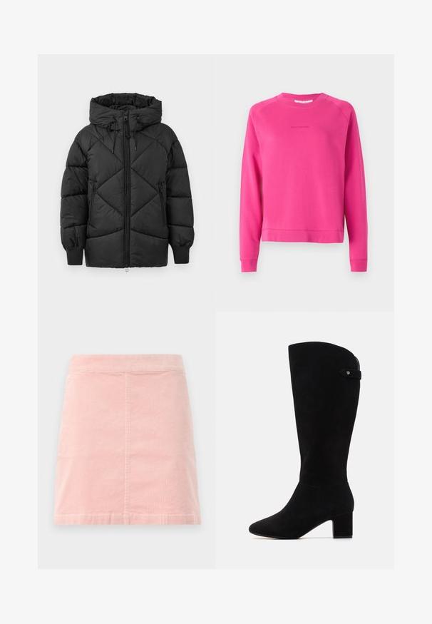 Mustaline polsterdatud jakk kapuutsiga, millel on tõmblukk, teemantkudetud muster ja soonikkudumine. Pehme, siledan tekstuur.; Kuum roosa kapuutsiga särk, mis on valmistatud pehmest riidest, featuring ümardatud kaeluse ja pika varrukaga, ees on peen logo.; Roosa käärikübar mini-seelik, millel on sobiv talje ja vertikaalne ribakonstruktsioon. Põhi on sirge ja sellel on lihtne disain ilma kaunistusteta.; Mustad sametist kõrge varrega saapad, millel on terav nina ja ploki konts. Omavad sujuvat tekstuuri ja lihtsat disaini, lisatud külgrihmaga aktsent.