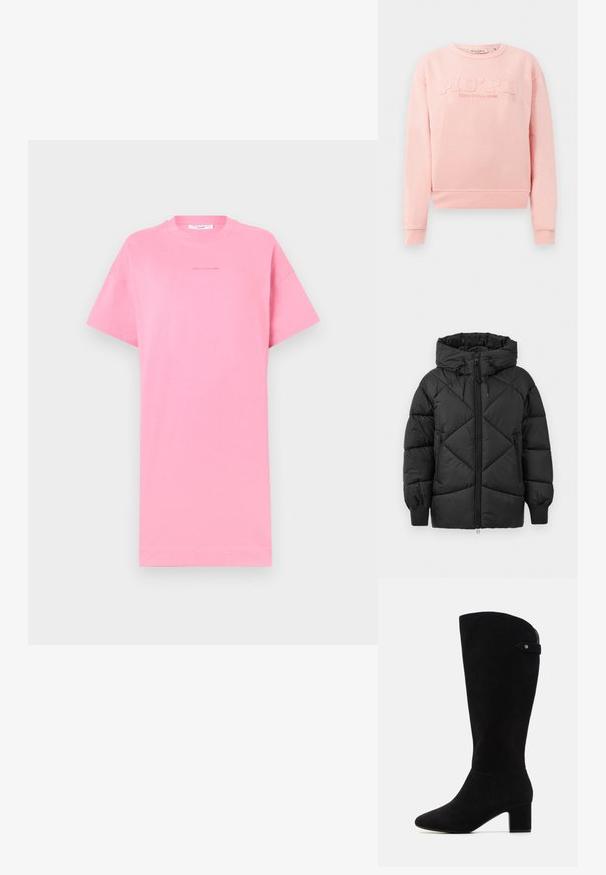 Schwarze gepolsterte Jacke mit Kapuze, ausgestattet mit einem Reißverschluss, Diamant-Steppmuster und gerippten Manschetten. Weiche, glatte Textur.; Rosa Sweatshirt aus weichem Stoff, mit gerippten Bündchen und Saum. Auf der Vorderseite prangt der erhabene Text "MO'PD Marc O'Polo DENIM."; Rosa Baumwoll-T-Shirt mit kurzen Ärmeln, lässiger Passform, Rundhalsausschnitt und minimalistischem Textdetail in der Mitte. Schlichtes Design, einfarbig.; Schwarze Wildleder-Stiefel bis zum Knie mit spitzem Fuß und Blockabsatz. Sie verfügen über eine glatte Textur und ein einfaches Design, ergänzt durch einen seitlichen Riemenakzent.