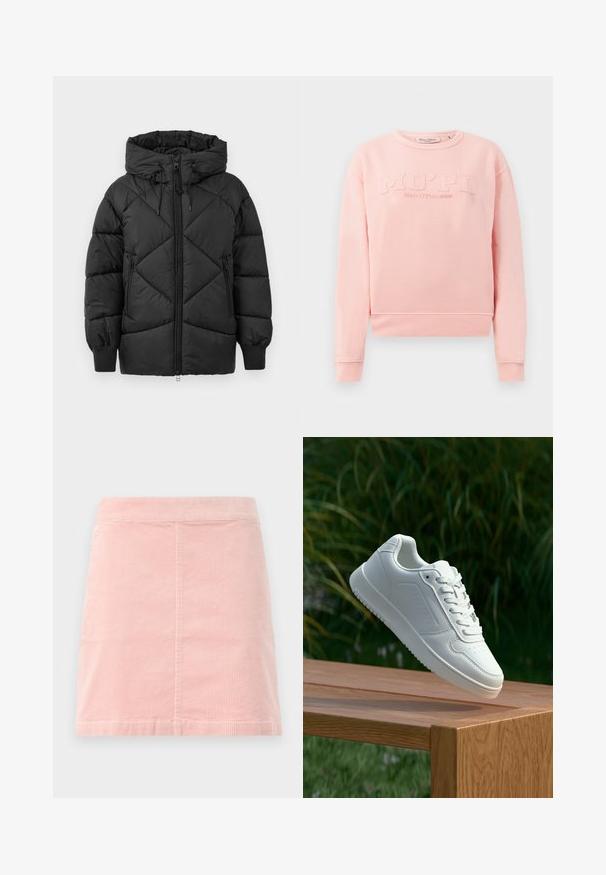 Jachetă neagră căptușită cu glugă, cu închidere prin fermoar, model cu diamant matlasat și manșete ribbate. Textură moale și netedă.; Sweatshirt roz din material moale, având manșete și tiv cu țesătură în vrac. Partea din față prezintă text embosat "MO'PD Marc O'Polo DENIM."; Fustă mini din corduroy roz, cu talie ajustată și textură verticală cu nervuri. Marginea este dreaptă, iar designul este simplu, fără aplicații.; Sneaker alb cu un upper sintetic neted, cu vârf perforat, șireturi plate și o talpă texturată, expus pe o suprafață de lemn.