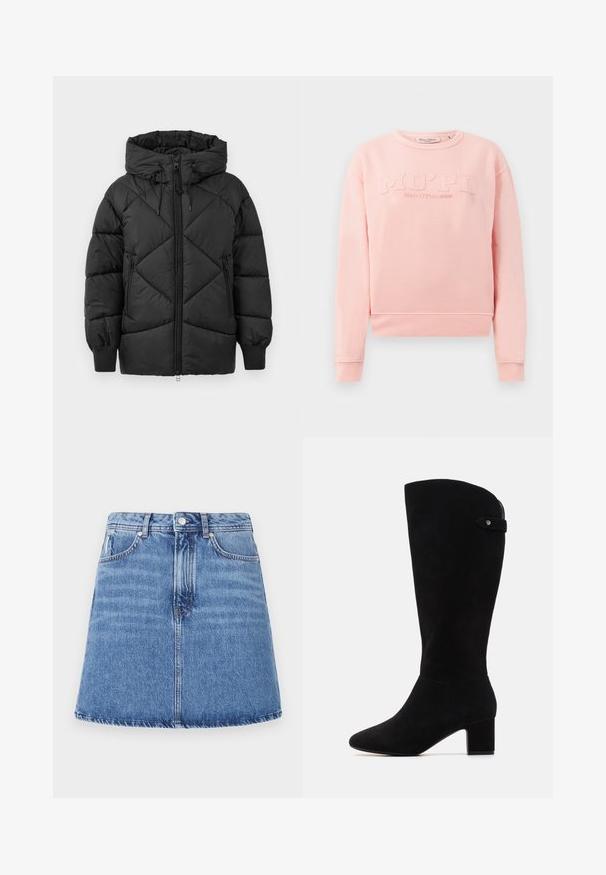 Fekete párnázott dzseki kapucnival, cipzáros záródással, gyémánt alakú steppeléssel és bordás mandzsettákkal. Puha, sima felület.; Rózsaszín pulóver, puha anyagból készült, bordás mandzsettákkal és aljjal. A frontrészen a "MO'PD Marc O'Polo DENIM" felirat látható, amely dombornyomott.; Derékszabású, enyhén bővülő farmer szoknya, világoskék mosással, két elülső zsebbel és gombos záródással a deréknál. Látható varrási részletek.; Fekete velúr térd fölé érő csizmák hegyes orral és tömbsarkúval. Simák a tapintásuk és egyszerű a dizájnjuk, oldalsó pánt díszítéssel.