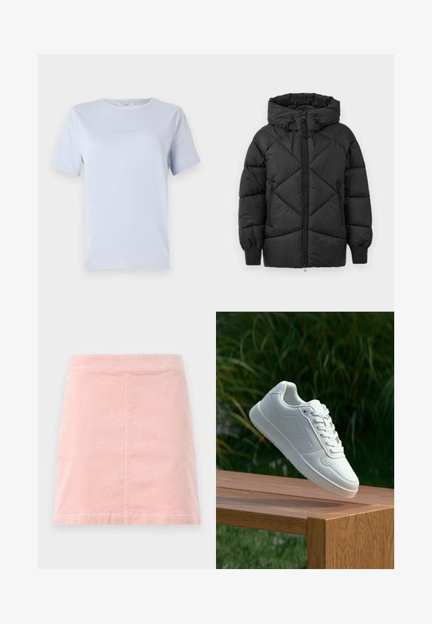 Juodas paminkštintas striukė su kapišonu, turinti užtrauktuką, deimantinės siuvinėjimo raštą ir spiralinės rankovių apdailas. Minkšta, lygi tekstūra.; Rausvas džemperis, pagamintas iš minkštos medžiagos, su gumuotomis rankogaliais ir apačia. Priekinėje pusėje yra įspaustas tekstas "MO'PD Marc O'Polo DENIM."; Šviesiai mėlyna trumpomis rankovėmis marškinėliai, pagaminti iš minkštos medžiagos, su apvaliu kaklu ir subtiliu logotipo spaudiniu. Paprastas dizainas, laisvas pritaikymas.; Rožinė velūriniu mini sijonas su prigludusia talija ir vertikaliais raibais. Sijono apdaila tiesi, jis turi paprastą dizainą be jokių puošmenų.; Balti sneakeriai su lygia sintetine viršutine dalimi, perforuota pirštų zona, plokščiomis raištelėmis ir tekstūruotu padu, padėti ant medinės paviršiaus.