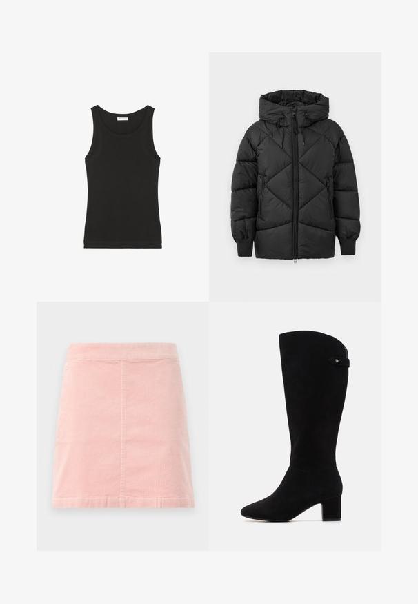 Musta pehmustettu takki hupulla, jossa on vetoketjusuljenta, timanttikuviointi ja ribattu hihansuu. Pehmeä ja sileä tekstuuri.; Vaaleanpunainen collegepaita, joka on valmistettu pehmeästä kankaasta ja jossa on ribbaatut hihansuut ja helma. Edessä on kohotettu teksti "MO'PD Marc O'Polo DENIM."; Mustapäinen hihaton toppi, joka on valmistettu pehmeästä puuvillasta. Siinä on pyöreä kaula-aukko ja vartalonmyötäinen siluetti. Yksinkertainen muotoilu ilman näkyviä kuvioita tai koristeita.; Vaaleanpunainen corduroy-minihame, jossa on istuva vyötärö ja pystysuora ribbitekstuuri. Helma on suora, ja siinä on yksinkertainen muotoilu ilman koristeita.; Mustat mokkanahasta valmistetut polvipituiset saappaat, joissa on terävä kärki ja lohkarekorko. Saappaat ovat sileäpintaiset ja yksinkertaisissa muodoissa, aksenttina on sivuhihna.