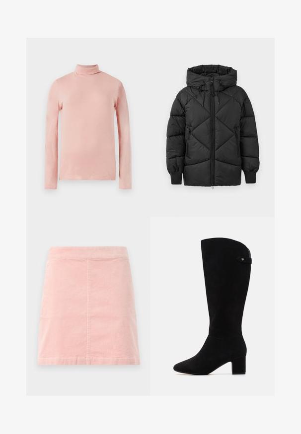 Black padded jacket with a hood, featuring a zip closure, diamond quilted pattern, and ribbed cuffs. Soft, smooth texture.; Pink sweatshirt made of soft fabric, featuring ribbed cuffs and hem. The front displays embossed text "MO'PD Marc O'Polo DENIM."; Light pink long-sleeve turtleneck top with a fitted design, smooth texture, and a high neck. No patterns or embellishments visible.; Pink corduroy mini skirt with a fitted waist and vertical ribbed texture. The hem is straight, and it features a simple design with no embellishments.; Black suede knee-high boots with a pointed toe and block heel. Features a smooth texture and a simple design, with a side strap accent.
