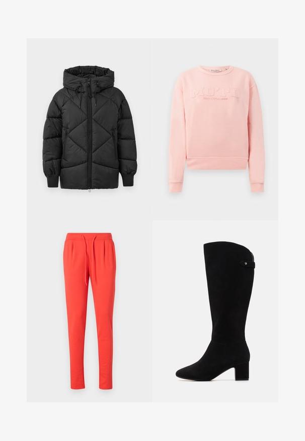 Μαύρο παλτό με επένδυση και κουκούλα, διαθέτει κλείσιμο με φερμουάρ, σχέδιο ρόμβου και πλεκτές μανσέτες. Μάλακη, λεία υφή.; Ροζ φούτερ φτιαγμένο από μαλακό ύφασμα, με ριγωτές μανσέτες και τελείωμα. Στο μπροστινό μέρος εμφανίζεται ανάγλυφο κείμενο "MO'PD Marc O'Polo DENIM."; Κόκκινο παντελόνι φόρμας από μαλακό υλικό με ελαστική μέση και ρυθμιζόμενο κορδόνι. Διαθέτει σχέδιο με στενή κωδικοποίηση.; Μαύρες σουέτ μπότες μέχρι το γόνατο με αιχμηρή μύτη και τετράγωνη φτέρνα. Διαθέτουν λεία υφή και απλή σχεδίαση, με μια πλευρική ταινία ως αξεσουάρ.