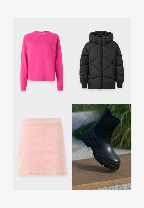 Juodas paminkštintas striukė su kapišonu, turinti užtrauktuką, deimantinės siuvinėjimo raštą ir spiralinės rankovių apdailas. Minkšta, lygi tekstūra.; Karšto rožinio spalvos megztinis, pagamintas iš minkštos medžiagos, su apvalia iškirpte ir ilgomis rankovėmis, ant priekinės dalies yra subtilus logotipas.; Rožinė velūriniu mini sijonas su prigludusia talija ir vertikaliais raibais. Sijono apdaila tiesi, jis turi paprastą dizainą be jokių puošmenų.; Juodos odinės aulinės botai su masyviu padu, elastingomis šoninėmis detalėmis ir lygia apdaila. Iškeltas dizainas su kontrastu pateikta pado detale.