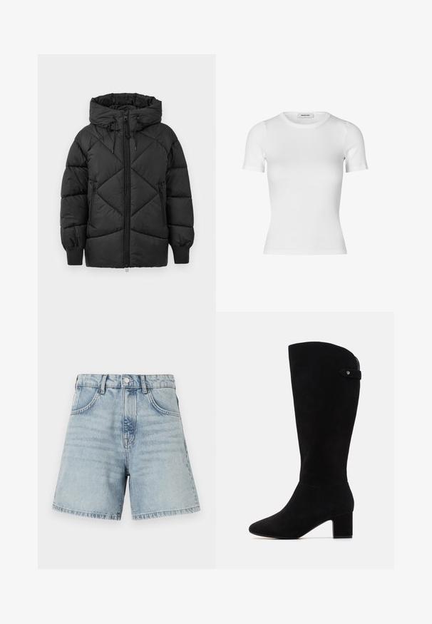 Giacca nera imbottita con cappuccio, dotata di chiusura con zip, motivo a rombi trapuntato e polsini a coste. Texture morbida e liscia.; T-shirt bianco a maniche corte realizzato in cotone a coste. Design aderente con scollatura a girocollo e texture liscia. Senza motivi o decorazioni.; Shorts in denim azzurro chiaro con vita alta, design a cinque tasche e orlo grezzo. Il tessuto presenta una leggera sfumatura con dettagli di cucitura visibili.; Stivali alti neri in suede con punta a punta e tacco a blocco. Presentano una texture liscia e un design semplice, con un accento di fascia laterale.