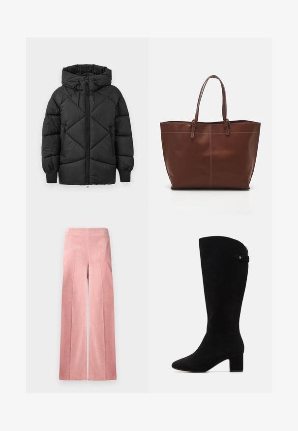 Zwarte gewatteerde jas met een capuchon, voorzien van een ritsluiting, een ruitpatroon en geribbelde manchetten. Zachte, gladde textuur.; Witte t-shirt met korte mouwen, gemaakt van ribgewoven katoen. Aansluitend ontwerp met een ronde hals en een soepele textuur. Geen patronen of versieringen.; Lichtroze, wijdvallende corduroy broek met verticale ribbels en een aansluitende tailleband. Glad materiaal met een ontspannen silhouet.; Zwarte suède kniehoge laarzen met een spitse neus en blokhak. Beschikt over een gladde textuur en een eenvoudig ontwerp, met een zijriem accent.; Bruine leren tote bag met dubbele handvatten, heeft contrasterende stiksels en een ruime indeling, geschikt voor dagelijks gebruik.