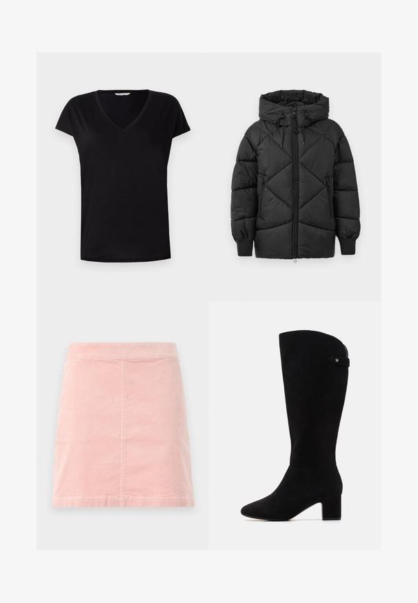 Zwarte gewatteerde jas met een capuchon, voorzien van een ritsluiting, een ruitpatroon en geribbelde manchetten. Zachte, gladde textuur.; Zwart T-shirt met korte mouwen en V-hals, gemaakt van een soepele stof. Kenmerkt zich door een klassieke snit met een subtiele naad langs de halslijn en mouwen.; Roze corduroy mini rok met een aansluitende taille en verticale ribbeltextuur. De zoom is recht en het heeft een eenvoudig ontwerp zonder versieringen.; Zwarte suède kniehoge laarzen met een spitse neus en blokhak. Beschikt over een gladde textuur en een eenvoudig ontwerp, met een zijriem accent.