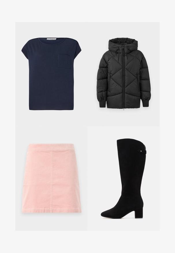 Juodas paminkštintas striukė su kapišonu, turinti užtrauktuką, deimantinės siuvinėjimo raštą ir spiralinės rankovių apdailas. Minkšta, lygi tekstūra.; Tamsiai mėlynas trumpomis rankovėmis marškinėliai, pagaminti iš lengvos medžiagos. Su viena kišene kairėje pusėje ir laisvo kirpimo dizainu.; Rožinė velūriniu mini sijonas su prigludusia talija ir vertikaliais raibais. Sijono apdaila tiesi, jis turi paprastą dizainą be jokių puošmenų.; Juodų zamšo kelių ilgio batų su smailiu nosiu ir bloko kulnu. Pasižymi lygiu paviršiumi ir paprastu dizainu, su šoniniu dirželiu kaip akcentu.