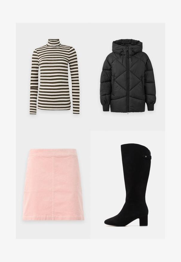 Musta pehmustettu takki hupulla, jossa on vetoketjusuljenta, timanttikuviointi ja ribattu hihansuu. Pehmeä ja sileä tekstuuri.; Pitkähihaista poolopaitaa tummanoliivinvihreässä ja valkoisissa vaakaraidoissa, valmistettu pehmeästä, kevyestä kankaasta. Ominaisuuksina muotoonompelut malli.; Vaaleanpunainen corduroy-minihame, jossa on istuva vyötärö ja pystysuora ribbitekstuuri. Helma on suora, ja siinä on yksinkertainen muotoilu ilman koristeita.; Mustat mokkanahasta valmistetut polvipituiset saappaat, joissa on terävä kärki ja lohkarekorko. Saappaat ovat sileäpintaiset ja yksinkertaisissa muodoissa, aksenttina on sivuhihna.