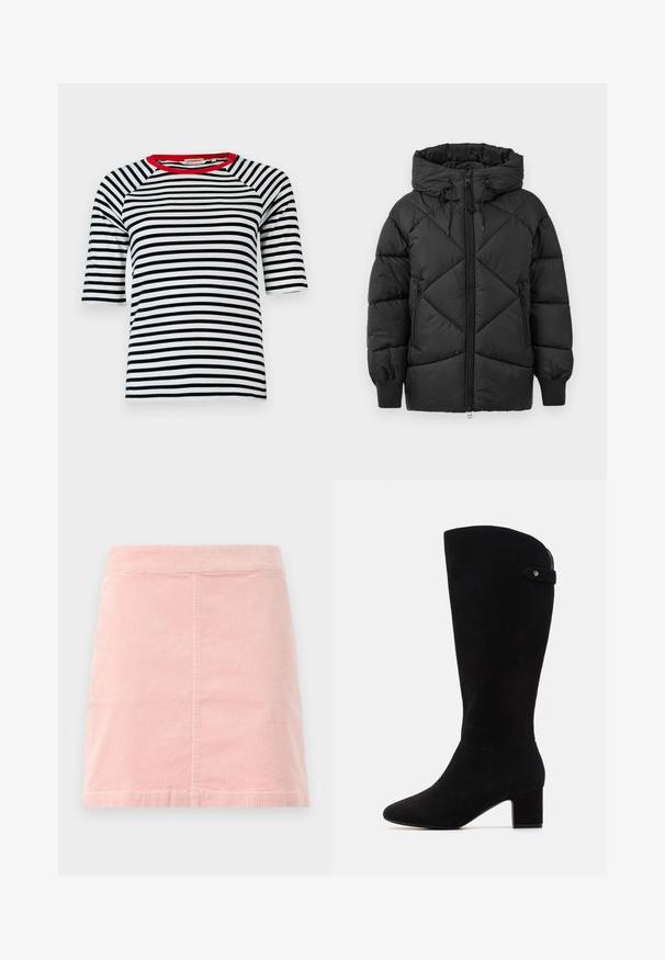 Černá zateplená bunda s kapucí, se zipovým zapínáním, diamantovým prošíváním a vroubkovanými manžetami. Jemná, hladká textura.; Pruhované tričko s námořnickými a bílými vodorovnými pruhy, červeným výstřihem, raglánovými rukávy a měkkým bavlněným materiálem, který zajišťuje volný střih.; Růžová manšestrová mini sukně s úzkým pasem a vertikálně žebrovanou texturou. Lem je rovný a má jednoduchý design bez ozdob.; Černé semišové vysoké kozačky s špičatou špičkou a blokovým podpatkem. Mají hladkou strukturu a jednoduchý design, s bočním páskem jako akcentem.