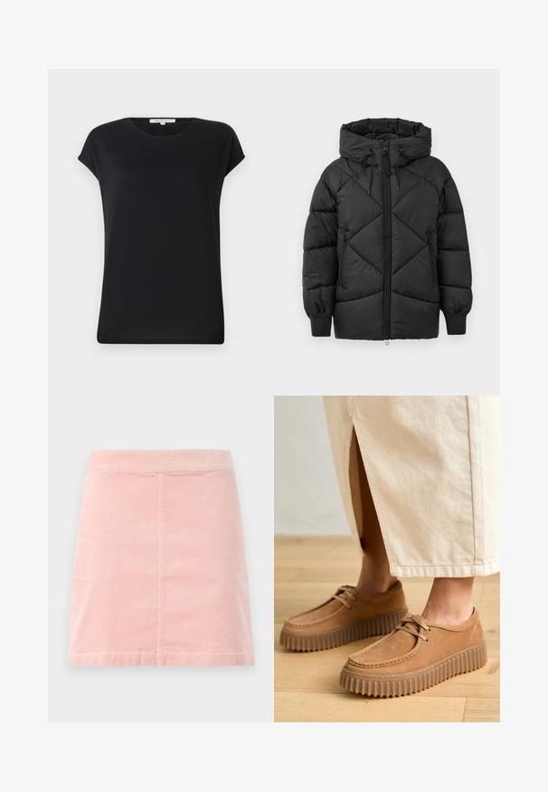 Black padded jacket with a hood, featuring a zip closure, diamond quilted pattern, and ribbed cuffs. Soft, smooth texture.; Black short-sleeve top in soft fabric with a round neckline and relaxed fit. Features rolled cuffs and a smooth, uniform texture.; Pink corduroy mini skirt with a fitted waist and vertical ribbed texture. The hem is straight, and it features a simple design with no embellishments.; Tan leather shoes with a textured surface, round toe, and thick, ridged soles. Laces and stitching detail enhance the design.