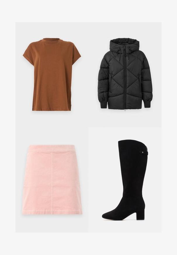 Jachetă neagră căptușită cu glugă, cu închidere prin fermoar, model cu diamant matlasat și manșete ribbate. Textură moale și netedă.; Tricou scurt maro cu mânecă scurtă și guler rotund, realizat dintr-un material moale și ușor. Design simplu, fără modele sau embellishments.; Fustă mini din corduroy roz, cu talie ajustată și textură verticală cu nervuri. Marginea este dreaptă, iar designul este simplu, fără aplicații.; Cizmă înaltă din suede negru, cu vârf ascuțit și toc pătrat. Prezintă o textură netedă și un design simplu, cu un accent de curea pe lateral.