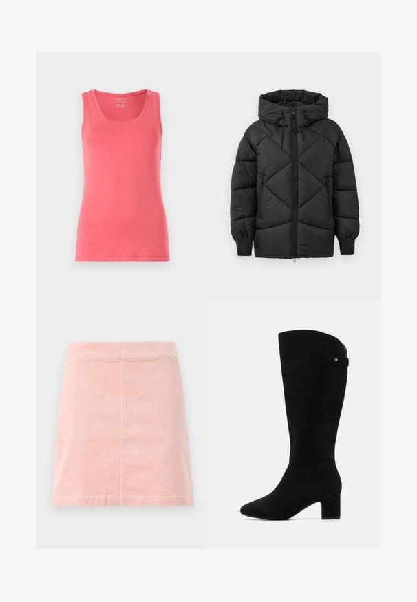 Črna podložena jakna s kapuco, z zadrgo, diamanto šivanim vzorcem in rebrastimi manšetami. Mehka, gladka tekstura.; Roza majica na bretelice iz mehkega, raztegljivega materiala. Ima okroglo izrezano ovratnico in brezrokavni oblikovanje, z natančno obdelanimi robovi in tesnim prileganjem.; Rožnate kordurojske mini krilo s prilegajočim pasom in vertikalno rebrasto teksturo. Rob je ravno, krilo pa ima preprost dizajn brez okrasnih elementov.; Črne semiš škornje do kolen s koničastim nosom in blok peto. Imajo gladko teksturo in preprost dizajn, s stranskim trakom kot poudarkom.