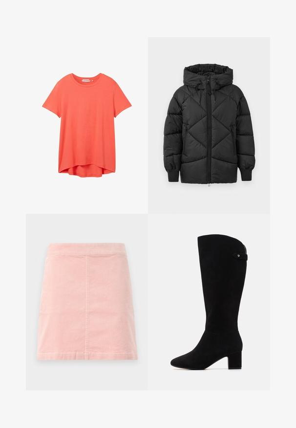 Juodas paminkštintas striukė su kapišonu, turinti užtrauktuką, deimantinės siuvinėjimo raštą ir spiralinės rankovių apdailas. Minkšta, lygi tekstūra.; TOM TAILOR DENIM Paprasti marškinėliai - plain red; Rožinė velūriniu mini sijonas su prigludusia talija ir vertikaliais raibais. Sijono apdaila tiesi, jis turi paprastą dizainą be jokių puošmenų.; Juodų zamšo kelių ilgio batų su smailiu nosiu ir bloko kulnu. Pasižymi lygiu paviršiumi ir paprastu dizainu, su šoniniu dirželiu kaip akcentu.