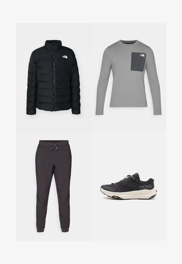 Casaco puffer preto com secções acolchoadas, gola alta, fecho frontal e pequeno logotipo branco no lado esquerdo do peito. Design leve e isolante.; Camisa de manga longa cinza com tecido texturizado, apresentando um bolso no peito cinza escuro e um fecho em zíper. Logótipo no bolso em branco.; Calças de desporto pretas com um cós ajustável, punhos elásticos, tecido suave e um bolso lateral para conveniência.; Sapatilha atlética preta com parte superior texturizada, detalhes cinzentos, elementos refletivos e uma sola branca espessa com a marca Vibram.
