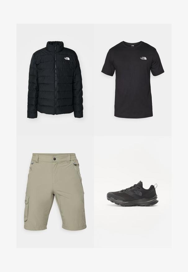 Fekete puffermellény, steppelt részekkel, magas gallérral, elülső cipzárral és kis fehér logóval a bal mellen. Könnyű és szigetelt kialakítás.; Fekete rövidujjú pamut póló, kerek nyakkivágással, a bal felső mellkason egy kis fehér logóval.; Beige dzseki rövidnadrág könnyű anyagból. Két elülső zsebbe, egy oldalsó cargo zsebbel és lapos derékkal rendelkezik, amely gombos záródású.; Fekete sportcipő hálós felsőrésszel, gumitalppal és párnázott gallérral. Fűzős, oldalán logóval és textúrázott dizájnnal rendelkezik.