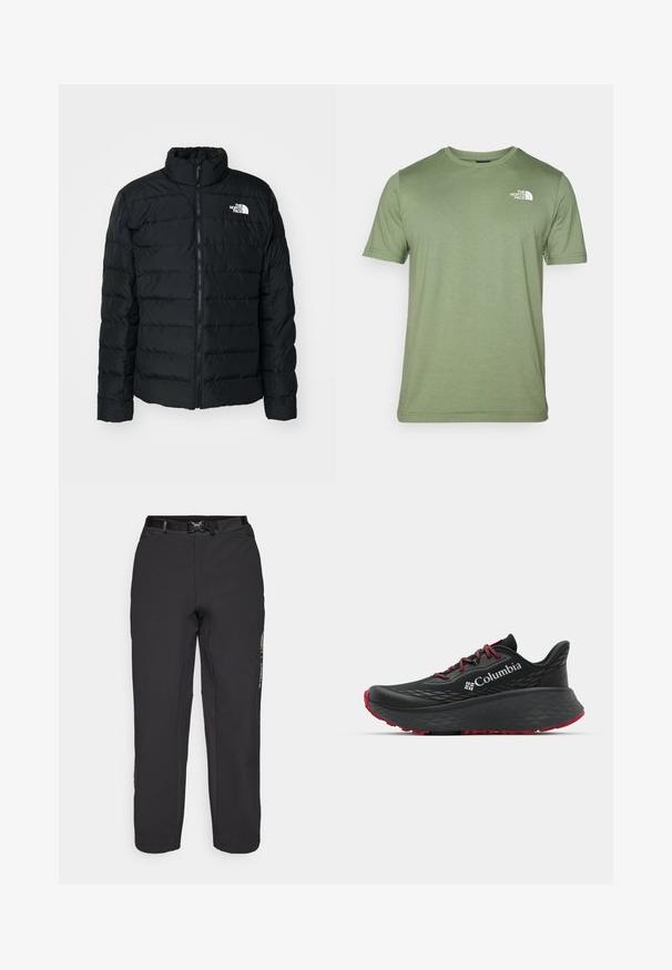 Čierna puffrová bunda s prešívanými časťami, vysokým golierom, predným zipsom a malým bielym logom na ľavej hrudi. Ľahký a izolovaný dizajn.; Olivovo zelené tričko s krátkym rukávom vyrobené z mäkkej tkaniny. Má okrúhly výstrih a biele logo na ľavej hrudi. Hladká textúra po celej ploche.; adidas Terrex NATIONAL GEOGRAPHIC PANTS - Outdoorové nohavice - black; Čierna športová obuv s textúrovaným zvrškom, červenými šnúrkami a logom. Hrubá podrážka s vzorovaným dezénom pre trakciu. Minimalistický dizajn, bočný pohľad.