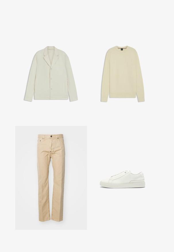 Veste beige clair avec un col cranté, fermeture à bouton et zips latéraux. Fabriquée en tissu lisse et texturé avec une coupe ajustée.; Pull léger beige avec un design en tricot gaufré texturé, col rond et bords côtelés aux poignets et à l'ourlet. Forme simple et moderne sans accents supplémentaires.; Pantalon en coton beige avec une coupe droite, doté d'une fermeture à bouton, de passants pour ceinture et de poches avant. Texture lisse, couture minimale.; Baskets en cuir blanc avec un upper texturé, une pointe ronde, un design minimaliste et une semelle en caoutchouc avec des coutures décoratives.