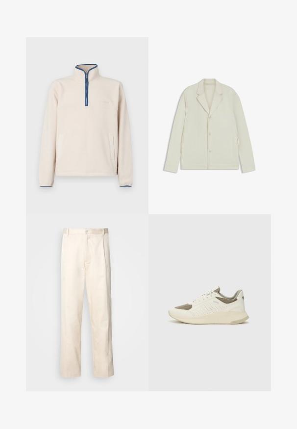 Giacca beige chiaro con rever a taglio, chiusura con bottoni e zip laterali. Realizzata in tessuto liscio e testurizzato con una vestibilità su misura.; Pullover in pile beige chiaro con colletto alto, zip a metà, dettaglio blu lungo la scollatura e due tasche laterali. Texture morbida.; Pantaloni in cotone beige con taglio dritto, dotati di chiusura a bottone e pence sul davanti per un tocco di dettaglio in più.; Sneaker atletica bianca e beige chiaro, con tomaia in mesh, dettagli perforati e una suola intermedia texturizzata con marchio sul tallone.