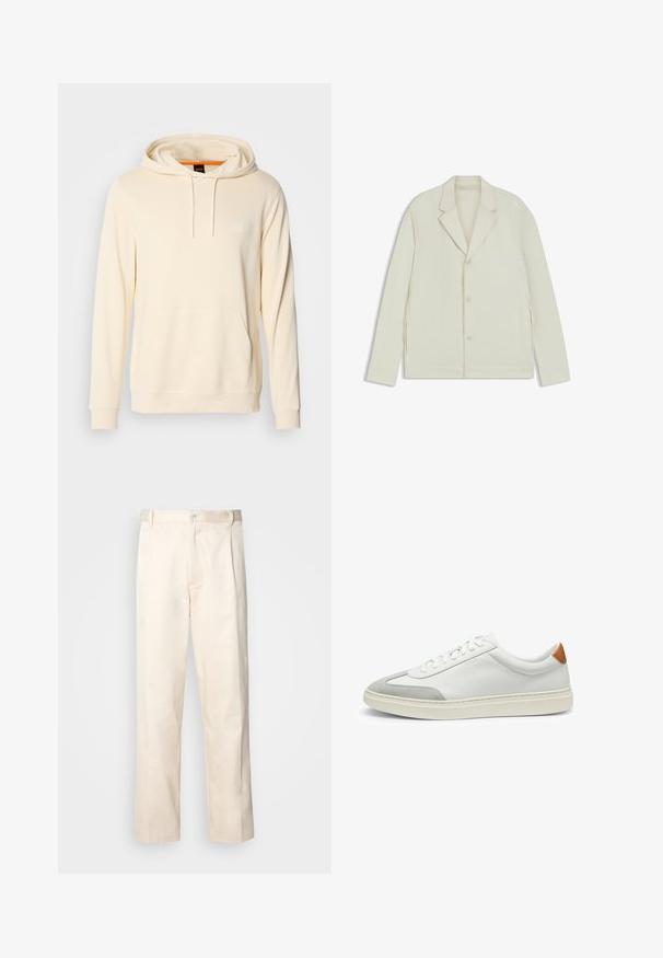 Giacca beige chiaro con rever a taglio, chiusura con bottoni e zip laterali. Realizzata in tessuto liscio e testurizzato con una vestibilità su misura.; Felpa con cappuccio color crema realizzata in tessuto morbido, con tasca frontale, cordini e un piccolo logo sul petto.; Pantaloni in cotone beige con taglio dritto, dotati di chiusura a bottone e pence sul davanti per un tocco di dettaglio in più.; Sneakers bianchi in pelle con accenti in suede grigio e un tallone in pelle beige. Presentano una superficie testurizzata e una suola leggera.
