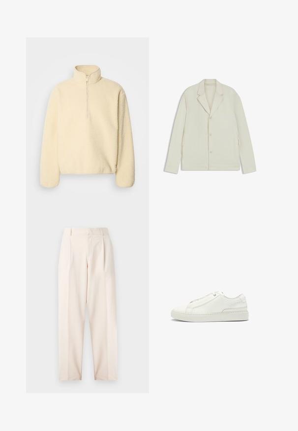 Jasnobeżowa kurtka z wyłogowym kołnierzem, zapięciem na guziki i bocznymi zamkami. Wykonana z gładkiego, teksturowanego materiału o dopasowanym kroju.; Beżowy polarowy sweter z wysokim kołnierzem i półzamkiem. Charakteryzuje się miękką teksturą i luźnym krojem.; Beżowe spodnie w kant o wysokim stanie, z zakładkami i prostym krojem nogawki. Wykonane z gładkiego materiału, z bocznymi kieszeniami i starannym wykończeniem.; Białe skórzane sneakersy z fakturowaną cholewką, okrągłym czubkiem, minimalistycznym designem i gumową podeszwą z przeszyciami.