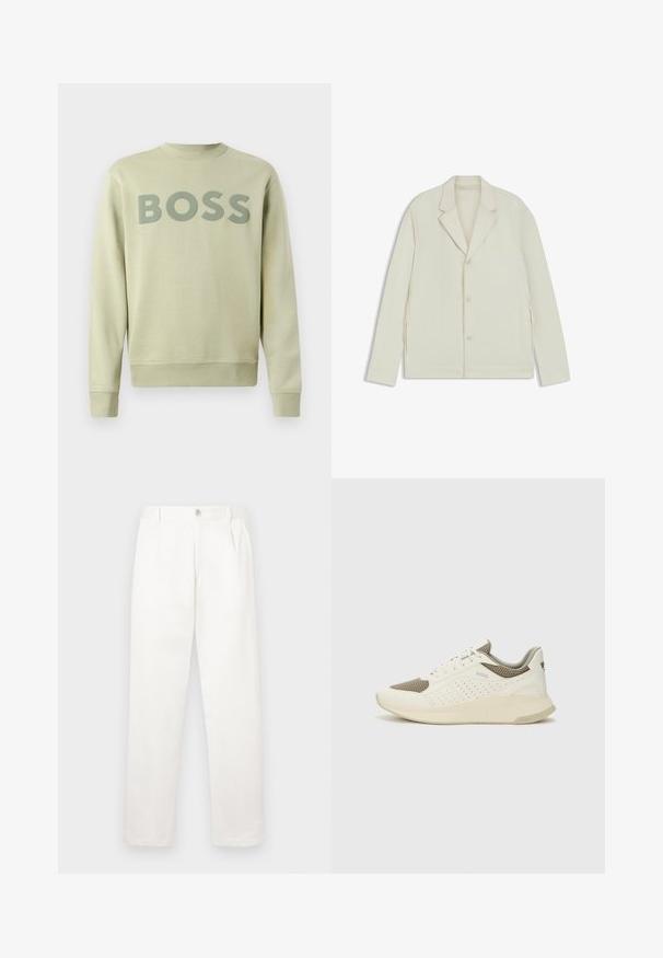 Light beige jacket with a notched lapel, button closure, and side zippers. Made from smooth, textured fabric with a tailored fit.; Light green sweatshirt with a crew neckline, ribbed cuffs, and a large "BOSS" logo in a darker green across the chest. Soft texture.; White trousers made from smooth fabric, featuring a straight leg design, front pleats, and a single button closure at the waist.; White and light beige athletic sneaker, featuring a mesh upper, perforated detailing, and a textured midsole with branding on the heel.