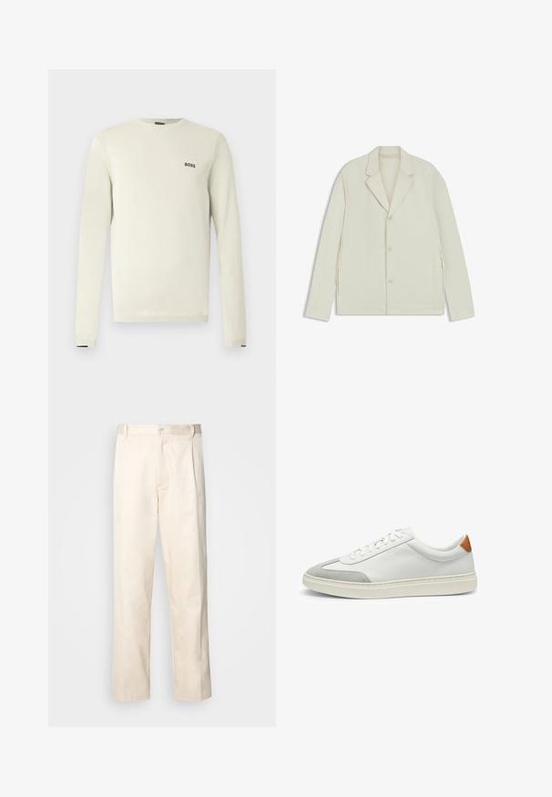 Light beige jacket with a notched lapel, button closure, and side zippers. Made from smooth, textured fabric with a tailored fit.; Light beige sweater with long sleeves, round neck, ribbed cuffs, and a small black "BOSS" logo on the chest. Smooth texture, casual design.; Beige cotton trousers with a straight-leg cut, featuring a button closure and pleats at the front for added detail.; White leather sneakers with gray suede accents and a tan leather heel tab. Features a textured surface and lightweight sole.