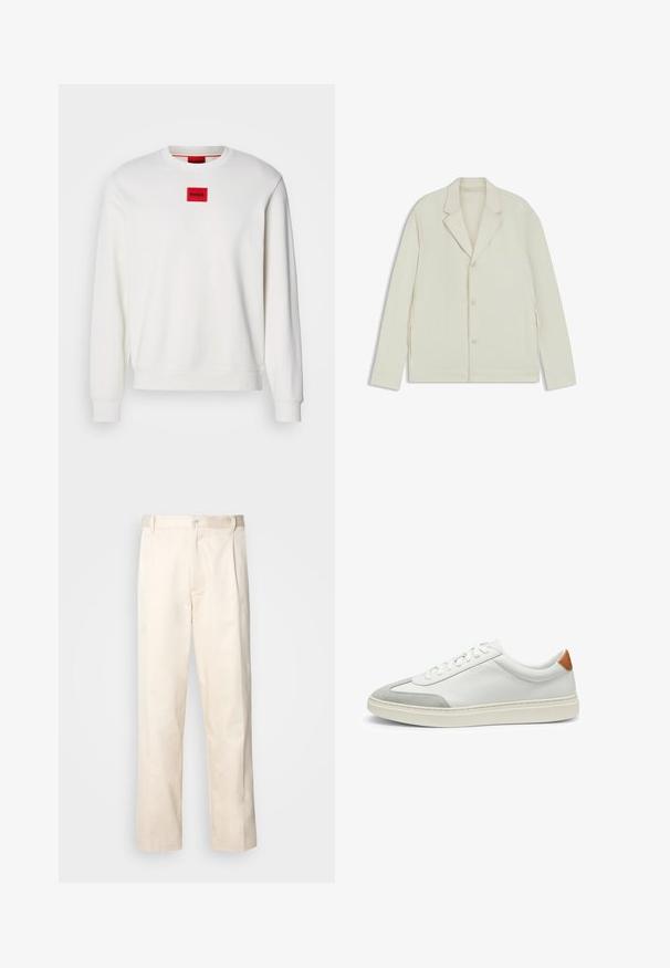 Light beige jacket with a notched lapel, button closure, and side zippers. Made from smooth, textured fabric with a tailored fit.; HUGO DIRAGOL - Sweatshirt - natur; Beige cotton trousers with a straight-leg cut, featuring a button closure and pleats at the front for added detail.; White leather sneakers with gray suede accents and a tan leather heel tab. Features a textured surface and lightweight sole.